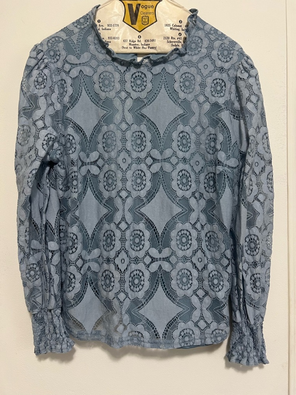 Ultra Pink Dusty Blue Lace-Overlay Long Sleeve Blouse
